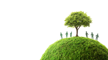 Green Future: A symbolic image of a small green tree sprouting on a green planet, surrounded by tiny human figures.