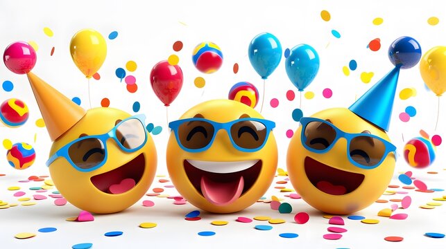 Happy emoji party celebration fun colorful balloons confetti 3d cartoons