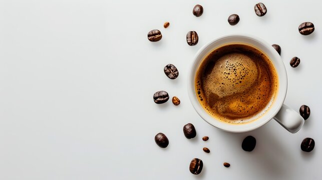 Coffee cup beans hot drink caffeine beverage top view copy space background