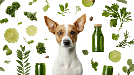 Eco-conscious lifestyle portrayed with a dog and green elements,isolated on transparent and white background.PNG image