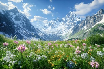 Fototapeta premium A peaceful alpine meadow with wildflowers in full bloom, set against the backdrop of towering snow-covered mountains. The sky is a brilliant blue, and soft clouds drift lazily overhead.