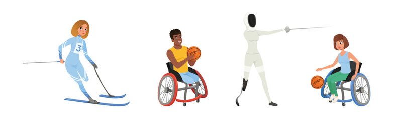 Naklejka premium Disabled Male and Female Character Athlete Vector Set