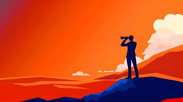 Businessman looking binoculars, business forecast insights future opportunity leadership ambition