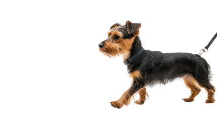 Dog walking on a leash during a stroll,isolated on transparent and white background.PNG image	