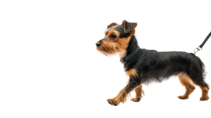 Dog walking on a leash during a stroll,isolated on transparent and white background.PNG image	