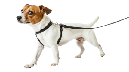 Dog walking on a leash during a stroll,isolated on transparent and white background.PNG image	