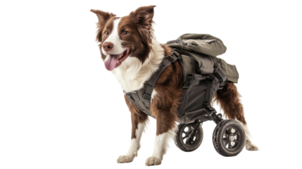 Dog using adaptive gear for mobility or special needs,isolated on transparent and white background.PNG image