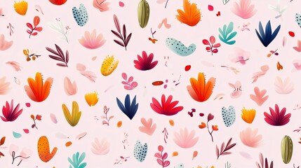 Colorful floral pattern featuring various plant shapes on a light pink background