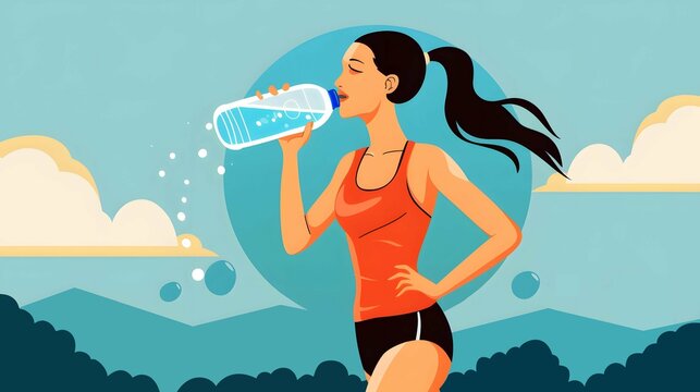 Woman drink water jogging illustration, fitness exercise running healthy illustration