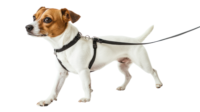 Dog walking on a leash during a stroll,isolated on transparent and white background.PNG image	
