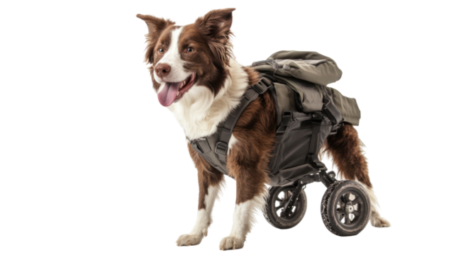 Dog using adaptive gear for mobility or special needs,isolated on transparent and white background.PNG image