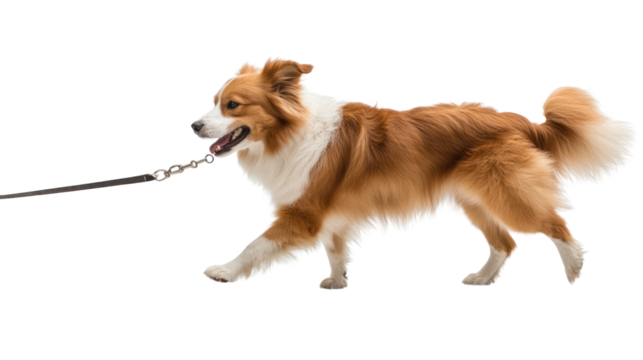 Dog walking on a leash during a stroll,isolated on transparent and white background.PNG image	