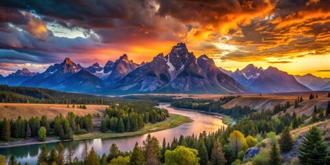 Obraz premium Surreal View from Snake River Overlook in Grand Teton National Park, Majestic Mountains, Dreamlike Landscape, Colorful Skies, Tranquil Nature, Scenic Vista, Enchanting Wilderness, Breathtaking Views