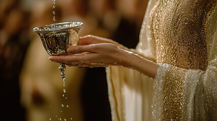 Hands gently sprinkling holy water from a silver aspergillum during a sacred ceremony