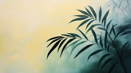 Obraz premium Dark green palm leaves silhouette against a yellow and teal watercolor background.