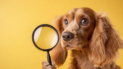 Curious Cocker Spaniel Dog Holding a Magnifying Glass Against a Bright Yellow Background, Symbolizing Exploration and Discovery in a Playful Setting