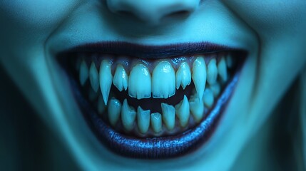 Naklejka premium Close-up of a smiling mouth with fangs, dark lips, and bluish skin tone.