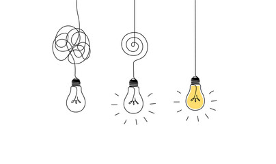 One continuous line drawing of tangled and scribble wires with light bulbs. Concept of complex problem solving process and psychoterapy in simple linear style. Editable stroke. Vector illustration eps