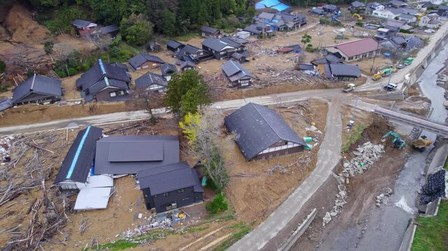 Drone footage of disaster area in Noto Otani where heavy rain caused flooding and mudslides. Taken two months since the disaster.