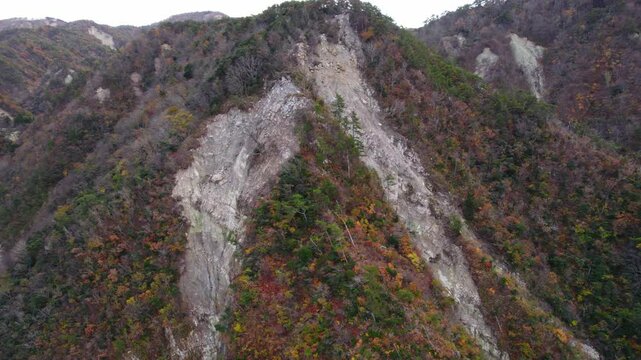 Drone shot of a bare mountain side swept off in a landslide. Noto peninsula Suzu Mauramachi.