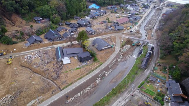 Houses covered in mud and debree in Noto Suzu Otani where record rainfall caused flooding and mudslides in september 2024. Two months have passed since the disaster.