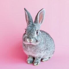 Obraz premium Adorable gray rabbit sitting on pastel pink background