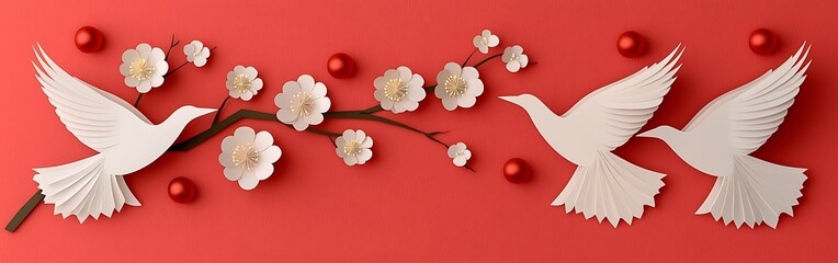 Obraz premium A serene red backdrop features white birds and delicate flowers, creating a harmonious and artistic composition.