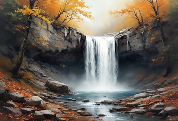 Mountain Waterfalls Oil Painting on a canvas.
