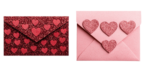 valentine heart gift. Glittery Valentine Day gift envelopes red and pink transparent background