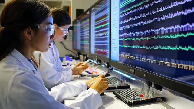 Researchers analyzing genetic sequences on large screens, utilizing bioinformatics tools to map and edit genomes in a sterile laboratory environment