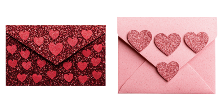 valentine heart gift. Glittery Valentine Day gift envelopes red and pink transparent background