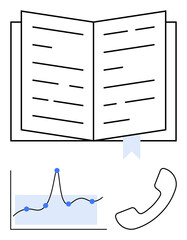 Open book graph with dots curve phone handset. Ideal for education, communication, analysis, connectivity, learning, data, technology. Line metaphor