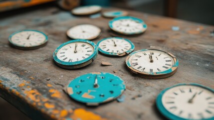 Vintage clock faces, detached from their mechanisms, lay scattered on a worn wooden table, evoking...