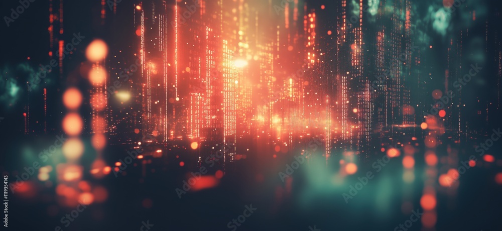 Poster digital data stream with glowing binary code, vibrant colors, abstract background, futuristic techno