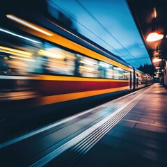 Motion Blur of Train Departing from Station at Twilight Time