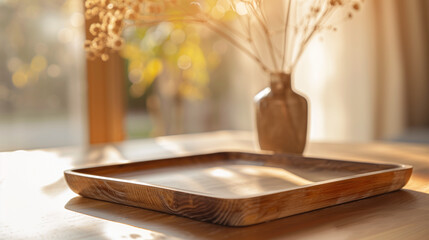 A rectangular wooden tray and a dry flower on a table. Blur background bath in warm sunlight. Simple display platform for promotional designs, branding visuals and product photography.