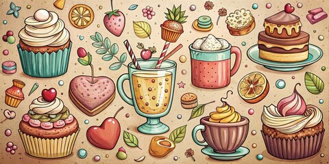 Vintage Doodle Icons of Food, Drinks, and Sweets in Retro Style for Whimsical Illustration and Design Projects