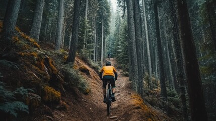 A mountain biker navigating a rugged trail through a dense forest, with trees towering on either side