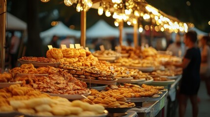 Fototapeta premium Vibrant Outdoor Pastry Market with Bright Lights and Delicious Treats