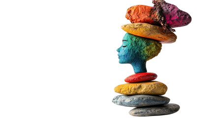 Colorful Serene Sculpture: A vibrant, abstract sculpture of a woman's head adorned with colorful...