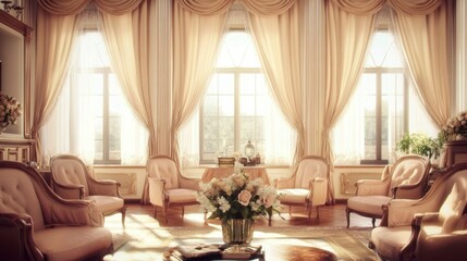 Elegant Living Room with Natural Light and Beautiful Floral Arrangement