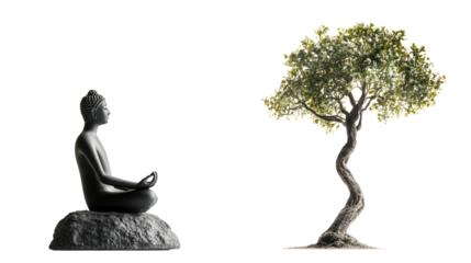 Serene Buddha and Bonsai Tree:  A peaceful image juxtaposing a meditating Buddha statue and a graceful bonsai tree, symbolizing tranquility, mindfulness, and inner peace.