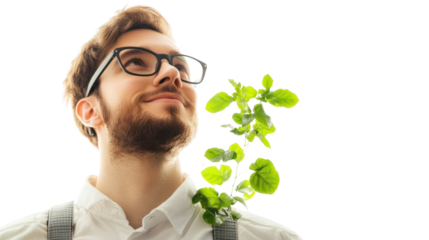 Green Shoots of Growth: A young man, symbolizing new beginnings and hope, looks towards a brighter future, with a sprig of green leaves representing growth and sustainability.  