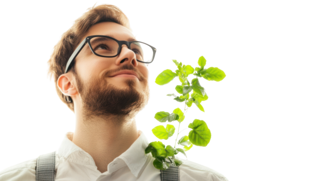 Green Shoots of Growth: A young man, symbolizing new beginnings and hope, looks towards a brighter future, with a sprig of green leaves representing growth and sustainability.  
