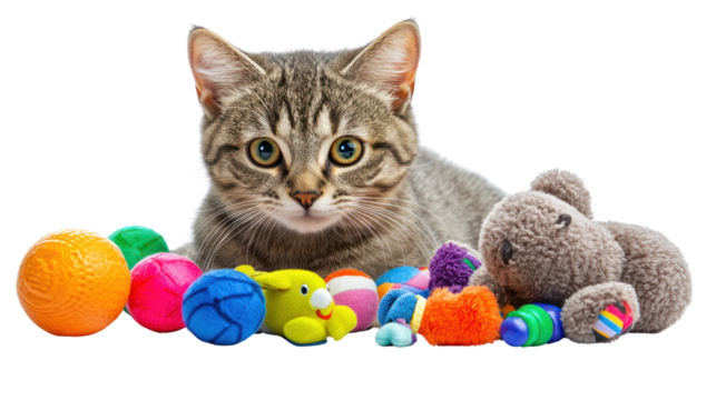 Playful Kitten with Toys:  A captivating shot of a playful kitten surrounded by colorful toys, evoking a sense of childlike joy and curiosity.
