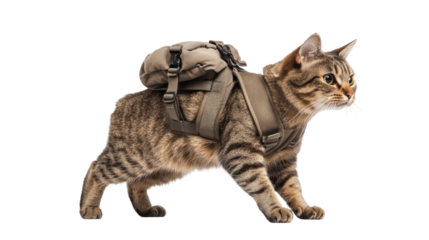 Adventurous Cat with Backpack: A tabby cat, ready for an adventure, models a stylish, practical backpack.  Perfect for travel, pet blogs, and showcasing pet accessories. 
