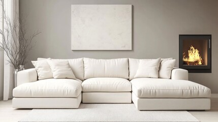 A spacious white corner sofa adorned with plush cushions takes center stage in a stylish room. The warm glow from a nearby fireplace adds charm while large windows invite natural light