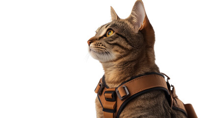 Curious Cat in Harness: A tabby cat with a curious expression, wearing a brown harness, looks off to the side, showcasing a sense of adventure and readiness for exploration. 