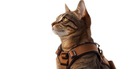 Curious Cat in Harness: A tabby cat with a curious expression, wearing a brown harness, looks off to the side, showcasing a sense of adventure and readiness for exploration. 
