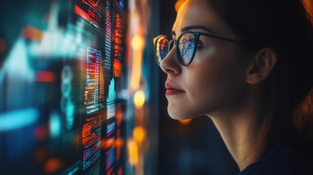 A woman in glasses examining digital interfaces with data overlaying her face banner - Powered by Adobe